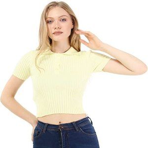 Womens Collar Half Button Short Sleeve Ribbed Knit Tee Crop Top (Small)